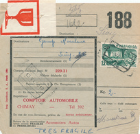 29/458 -- Formule De Colis TP Chemin De Fer Gare De CHIMAY 1950 - Vignette FRAGILE - Expéd. Comptoir Automobile - Sonstige & Ohne Zuordnung