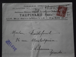 FRANCE TIMBRE 139 SEMEUSE LETTRE ENVELOPPE PLI COURRIER FLAMME PARIS DEPART JEUX OLYMPIQUES JO 1924 FONDERIE TAUPINARD - Summer 1924: Paris