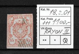1852 RAYON III → Kleine Wertziffer SBK-18 / Plattenfehler 18,2.01 Mit Schwarzer Raute - 1843-1852 Kantonalmarken Und Bundesmarken
