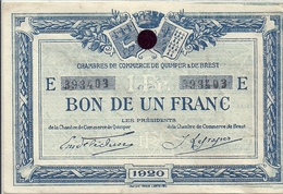 FINISTERE - 29 - Billet Chambre De Commerce De Quimper Et De Brest - Bon De Un Franc 1920 - Quimper