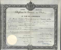 Diplôme Licencié En Droit Sous Napoléon III 29 Aout 1866 Dos Reçu Au Serment D'avocat Cour Impériale Paris + Cachets - Diplômes & Bulletins Scolaires