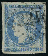 Oblitéré N° 44A, 20c Bleu Type I, T.B. Signé Brun - Autres & Non Classés