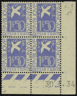 Neuf Sans Charnière N° 294, 1.50 Colombe, Bloc De 4, Coin Daté 30.1.34, T.B. - Autres & Non Classés