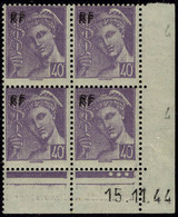 Neuf Sans Charnière N° 659, 40c Mercure, Double Surcharge RF, Bloc De 4, Daté 15.11.44, Qq Adhérences, 2ex Cl, Signé Bru - Other & Unclassified