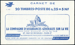 Neuf Sans Charnière N° 1263-C3, 0,25f Marianne De Decaris, Carnet De 20 T., S.3-62, TB - Other & Unclassified