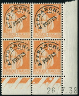 Neuf Sans Charnière N° 75. 80c  Orange Type Paix, Bloc De 4 Coin Daté 26.7.38. T.B. - Other & Unclassified