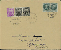 Lettre LOCHES, N° 15, 2f Vert Paire Hor Dont 1ex Avec Surcharge Renversée, Càd Loches 9.9.44 Pour Chateauroux, Taxée Ave - Other & Unclassified