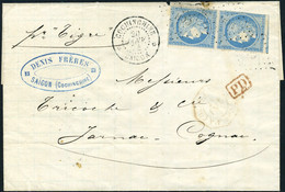 Lettre N° 23, 25c Bleu, Paire Verticale S/L Obl CCH + Càd Saïgon 20 Janv 74 Pour Cognac, 1 Ex Filet Légèrement Touché, S - Altri & Non Classificati