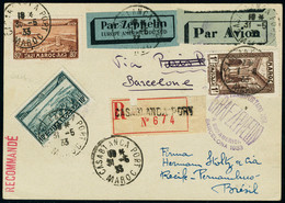 Lettre Zeppelin  A Sud America Barcelona 1933. CP Recommandée De Casablanca 31.5.33 Pour Recife Pernambuco, Au Verso Càd - Other & Unclassified