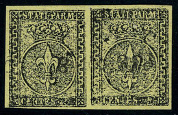 Oblitéré N° 1, 5c Jaune, Paire Hor. Superbe Signé Fiécchi, Sassone 1 : 500 € - Other & Unclassified