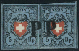 Oblitéré N° 14, 5 RP Bleu Foncé Et Rouge Paire Horizontale Obl Centrale PP, Très Grandes Marges, Superbe, Signé Brun - Sonstige & Ohne Zuordnung