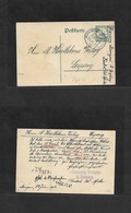 German Col-East Africa. 1913 (23 June) Mangani, Manyoni Plantation. 4h Green Stat Card. TPO Nº 24b Oval Cachet (xxx/R).  - Other & Unclassified