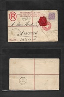 Gibraltar. 1896 (20 Oct) GPO - Belgium, Anvers (24 Oct) Registered 20 Centimos Red Spanish Currency Stationary Envelope  - Gibilterra