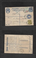 Great Britain - Stationery. 1894 (4 April) Dewsbury - Germany, Wunzburg (6 Apr) Registered 2d Blue Stat Env + 3 Adtl PER - ...-1840 Prephilately