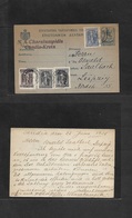 Greece. 1925 (26 June) Candia - Germany, Leipzig. 5leph Blue Stat Card + 4 Adtls, Cds. Fine Scarce Item. - Other & Unclassified