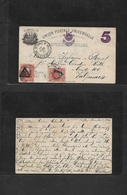 Peru. 1885 (7 Nov) Callao - Chile, Valparaiso (17 Nov) 5c Ovptd Stat Card + 2 Adtls UPU Doble Ovptd 2c Red (x2), Cds. - Peru