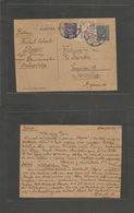 Poland. 1929 (3 May) Oleszov - Spain, Seville. 15 Gr Blue Stat Card + 2 Adtls, Tied Cds. Rarity Destination. - Other & Unclassified