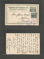 Salvador, El. 1927 (30 Apr) Jucuapa - Germany, Apolda 2c Ovptd Green Stat Card + Adtl. VF Cds. - El Salvador