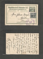 Salvador, El. 1927 (30 Apr) Jucuapa - Germany, Apolda 2c Ovptd Green Stat Card + Adtl. VF Cds. - Salvador