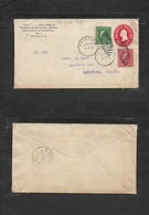 Puerto Rico. 1910 (25 Enero) Ponce - España, Barcelona (14 Febr) Sobre Entero Postal USA 2c Rojo + 2 Sellos Adtls. Impre - Puerto Rico