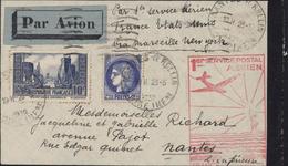 Cachet 1er Service Postal Aérien Illustré France Etats-Unis Via Marseille Par Avion YT 374 261 CAD Nantes 23 5 39 - 1960-.... Storia Postale