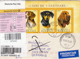 DOG BREEDS, PLANE, CHRISTOPHER COLUMBUS, STAMPS ON REGISTERED COVER, 2019, ROMANIA - Briefe U. Dokumente