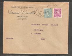 Envel Oblit  HERICOURT   HAUTE SAONE  1939 / 50c Semeuse 20c Mercure /fabrique D Horlogerie - Covers & Documents
