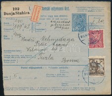 SHS 1919 Magyar Csomagszállító Túlélő Magyar Bélyegzéssel és Ragjeggyel, SHS Bélyegekkel  Donja Stubicából Boszniába - Other & Unclassified