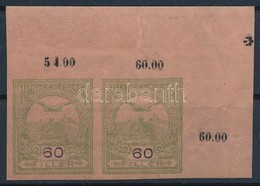 ** * 1913 Turul 60f Olajzöld/rózsa Fekvő Vízjeles ívsarki Vágott Pár - Autres & Non Classés