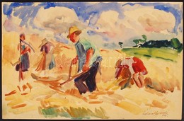 Ádámffy László (1902-?): Aratás. Akvarell, Papír, Jelzett, Apró Szakadással, 25×39 Cm - Other & Unclassified