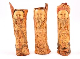 Cca 1900 A Három Kínai Szerencse Isten: Fu, Lu és Shou, Faragott Festett Csont, Kopás Nyomokkal, M: 13-15 Cm (3×) / The  - Other & Unclassified