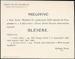 1929 Bp. VIII., Meghívó A Szent István Akadémia ülésére - Ohne Zuordnung