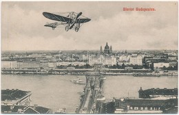 ** T2/T3 Budapest, Bleriot Repülőgépe A Lánchíd Felett. Hátoldalon Wágner 'Hangszerkirály' Reklámja (ázott / Wet Damage) - Ohne Zuordnung