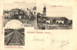 * T2/T3 1905 Tövis, Teius; Piac Részlet és Főút, árusok, Dohány üzlet, Római Katolikus Templom, Maros Folyó Hídja (MÁV V - Ohne Zuordnung