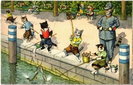 T2/T3 Fishing Cats And Policeman Cat. Max Künzli MKZ No. 4742. - Modern Postcard (EK) - Unclassified