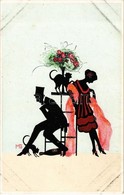 ** 4 Db Régi árnyképes (sziluettes) Művészlap M. G. Aláírásával, Az Egyiken Macska / 4 Pre-1945 Silhouette Art Postcards - Unclassified
