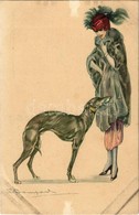 ** 2 Db Régi Olasz Művészlap Bompard Aláírásával, Az Egyiken Hölgy Kutyával / 2 Pre-1945 Italian Art Postcards With The  - Zonder Classificatie
