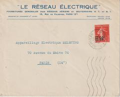 Lettre 1927 De Paris 116 Oblit. Savava Pour Paris Affranch. 225 Seul Sur Lettre - 1921-1960: Période Moderne