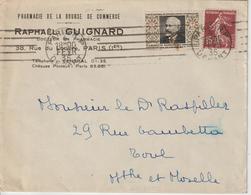 Lettre 1935 De Paris RP Oblit. Krag Pour Toul. Entete Pharmacie + Vignette - 1921-1960: Modern Tijdperk