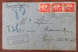 France, N°283 (x3) Lettre PNEUMATIQUE Taxée, Griffe AFFRANCHISSEMENT INSUFFISANT - (B2295) - 1877-1920: Semi-moderne Periode