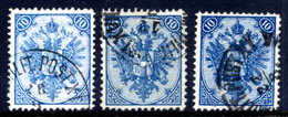 BOSNIA & HERZEGOVINA 1879-81 Arms10 Kr. Plate I,   Perforated 12½-12¾ In Three Shades Used.  SG 33-35, Michel 5 Ia-c - Bosnia Herzegovina