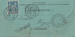 COTE D'OR - CACHET - BEAUNE TELEPHONE - RARE - SAGE 15c SUR TELEGRAMME - DU 16-10-1884 - SUPERBE. - 1877-1920: Semi Modern Period