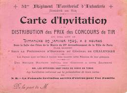 Vieux Papiers   Carte D'invitation 52 Eme Régiment. Prix Des Concours De Tir  75004 Paris  4me   13.5x10 Cm (voir Scan) - Tickets - Entradas