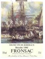 Etiquette De Vin De Fronsac  -  Cuvée Brest 92 - Sailboats & Sailing Vessels