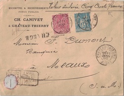 AISNE - CHATEAU-THIERRY - SAGE - LETTRE CHARGEE 500F - DESCRIPTIF AU RECTO - AFFRANCHISSEMENT A 65F - 11 JANVIER 1896. - 1877-1920: Semi Modern Period