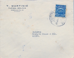 1926  BOLIVIA , SOBRE CIRCULADO , TUPIZA - ORURO , 15 CTS. BÁSICA ESCUDOS - Bolivia