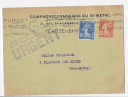 1937 - Yvert N° 235 Et 279  - Semeuse 25c Jaune-brun + 10c Outremer Sur Carte Au Tarif De 35c: Prix-courant Urgent - Tariffe Postali