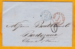 1865 - LAC De Rotterdam, Pays Bas Vers Barbezieux, Charente, France Via Erquelines 2, Belgique, Paris, Convoyeur - Storia Postale