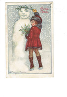 Cpa - Illustration BOMPARD - Bonne Année Fillette Manteau Bonnet Bottes Bonhomme De Neige Houx - 993-4 - Bompard, S.