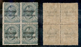 Occupazioni I Guerra Mondiale - Trento E Trieste - 1919 - 5 Cent Su 5 Cent (3) In Quartina - D Spostata (3p) Nel Pezzo I - Autres & Non Classés